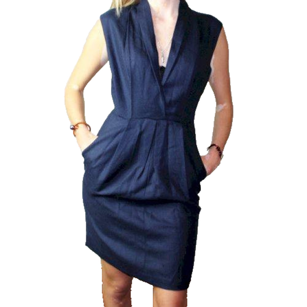 Adam Lippes V-neck wool dress pockets office work lagenlook Navy Sz 10 A006203